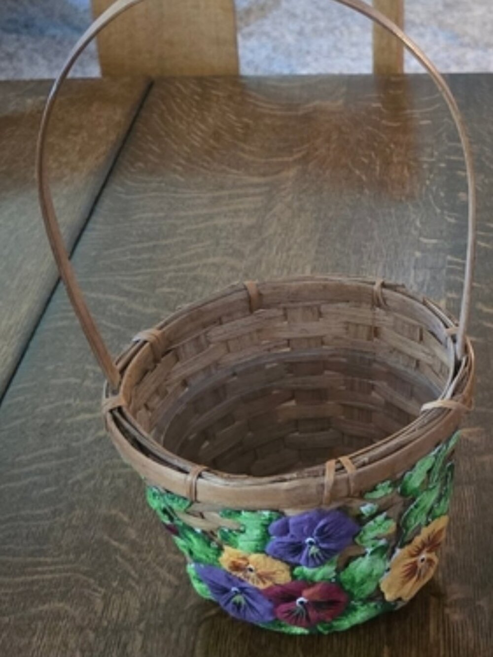 Vintage Artisan Hand-Painted Round with Floral  Design Basket